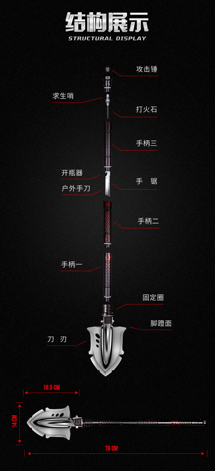 New multi-functional Arsenal shovel, large outdoor engineer shovel, folding camping shovel, survival and self-driving equipment pic 7