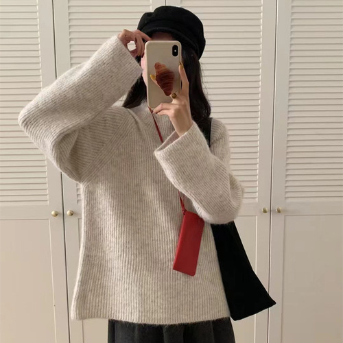 韩版秋冬季百搭圆领套头毛衣女2024新款纯色简约内搭显瘦针织上衣详情30