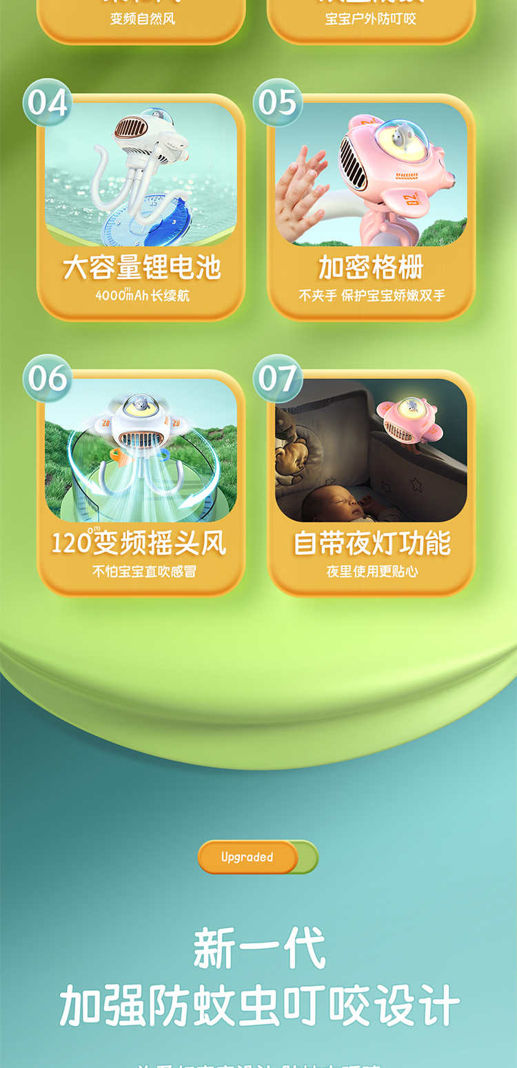 2023新款婴儿车风扇蓝牙音箱太空舱驱蚊摇头夹子静音迷你手持风扇详情5