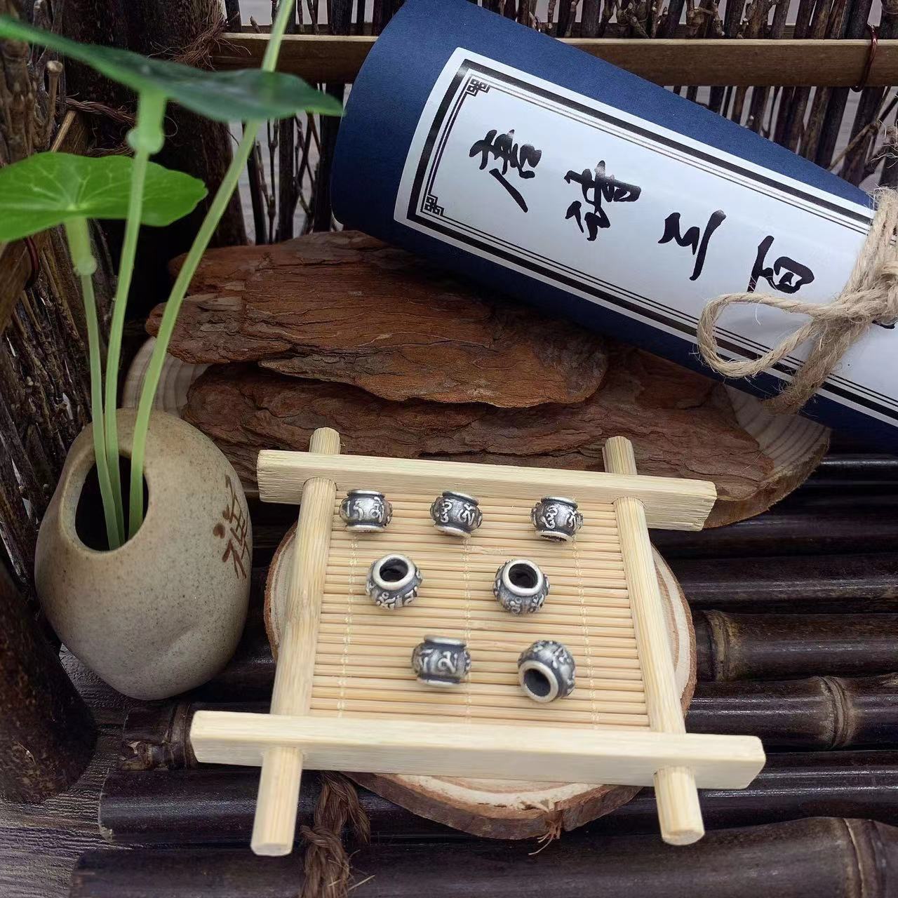 S999足银复古3D硬银隔珠横穿银饰配件六字真言手工DIY编绳配件详情9