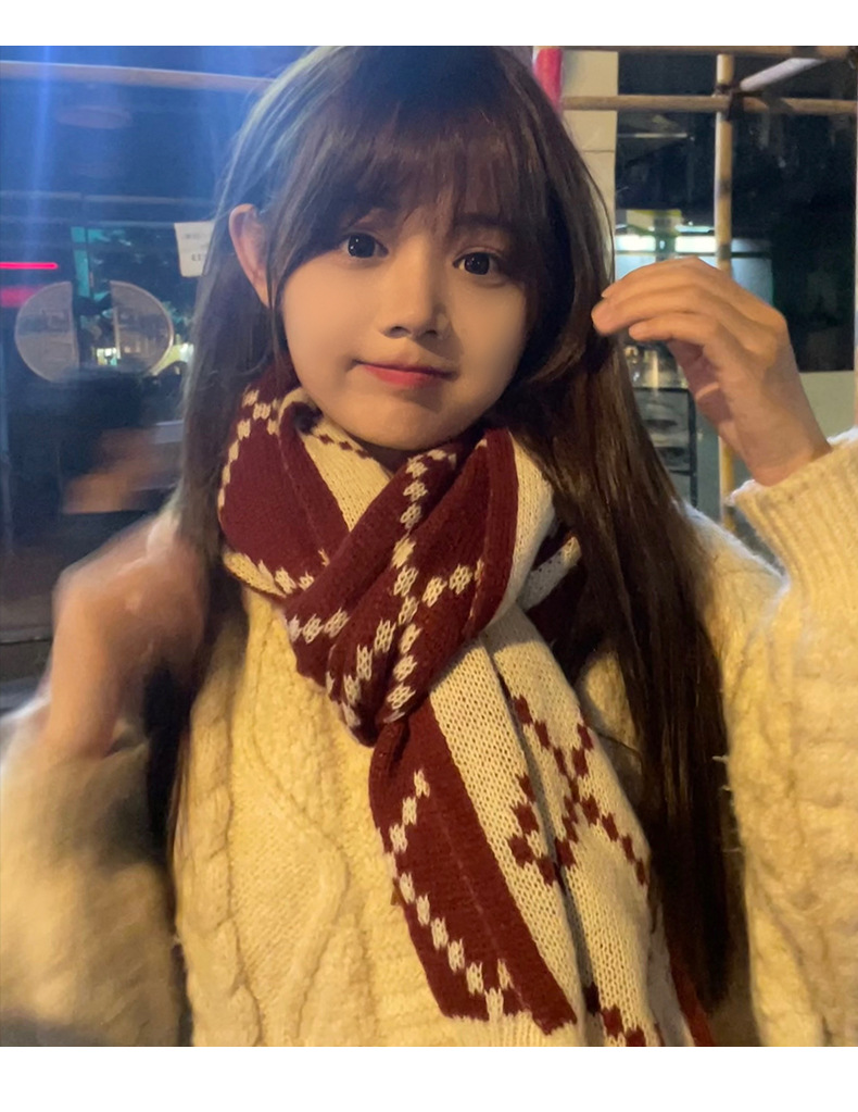 围巾女秋冬款韩版格子双面菱形围巾情侣高档百搭毛线围脖双面保暖详情15