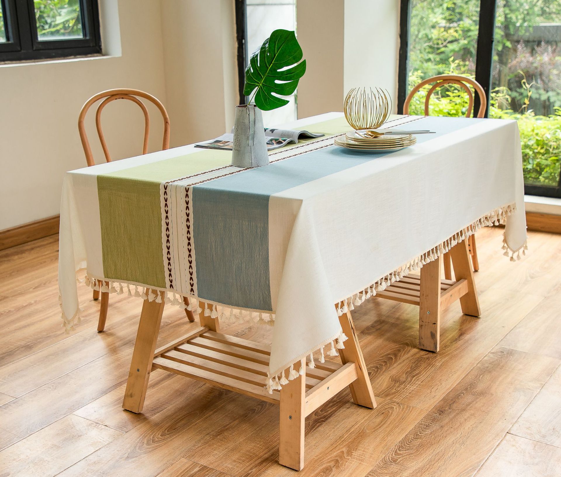 Cross-border Japanese color-blocking and color-blocking embroidered tassel tablecloths, kitchen, dining room, party, family table cover decoration, cotton and linen pic 28