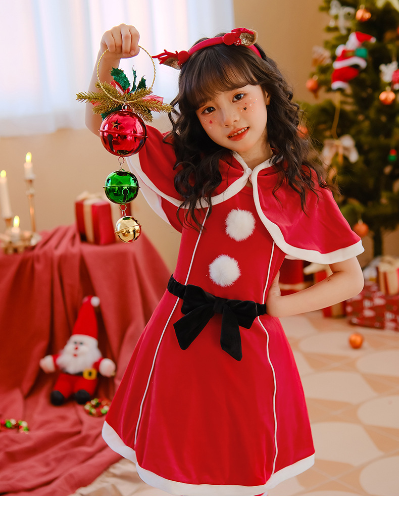 圣诞节儿童服装女童披肩斗篷连衣裙红色裙子派对装扮服饰圣诞老人详情18