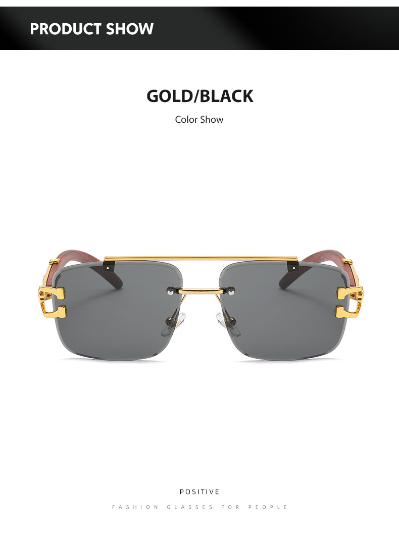 无边框太阳镜女复古方框木纹腿墨镜男ins潮双梁防紫外线太阳眼镜详情12