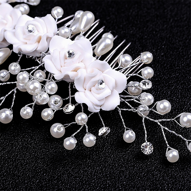 European and American exquisite handcrafted ceramic rose bouquets, bridal hair accessories, fresh and delicate pearl bridal wedding dress accessories pic 17