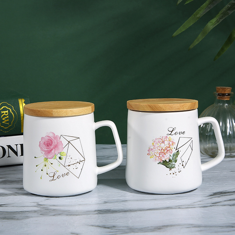 北欧陶瓷杯素雅花卉马克杯带竹盖小清新水杯带密封木盖杯子详情7