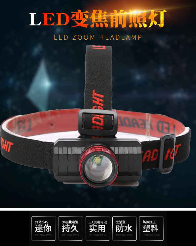 Powerful USB charging headlamp, lithium battery, high-power mini zoom, LED, outdoor waterproof head-mounted flashlight pic 3