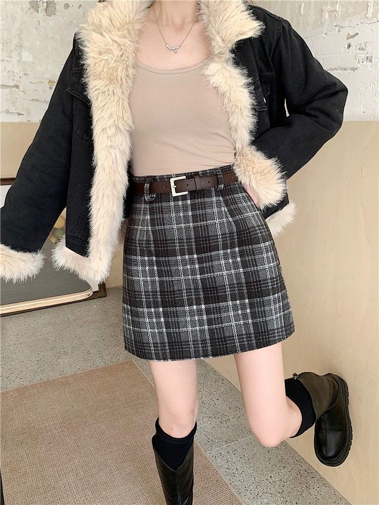 复古格子毛呢半身裙女秋冬款气质遮肚子咖色a字裙学院风时尚短裙详情20