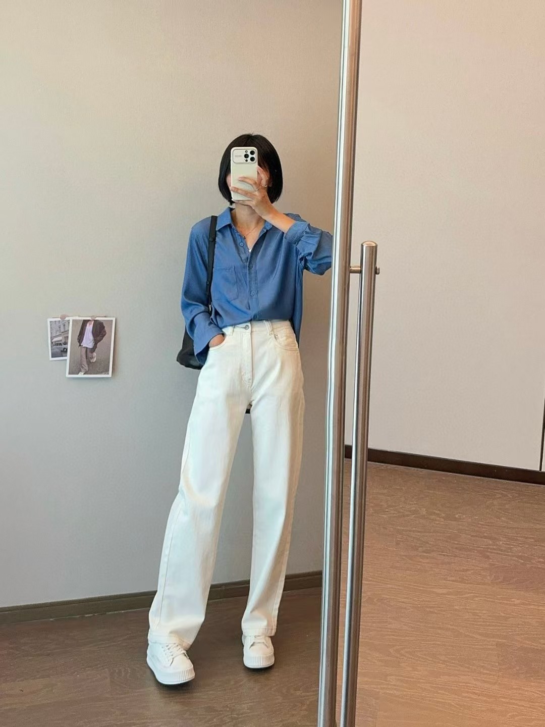 女款春秋季直筒宽松设计休闲裤显瘦高腰弹力白色牛仔裤 一件代发详情2