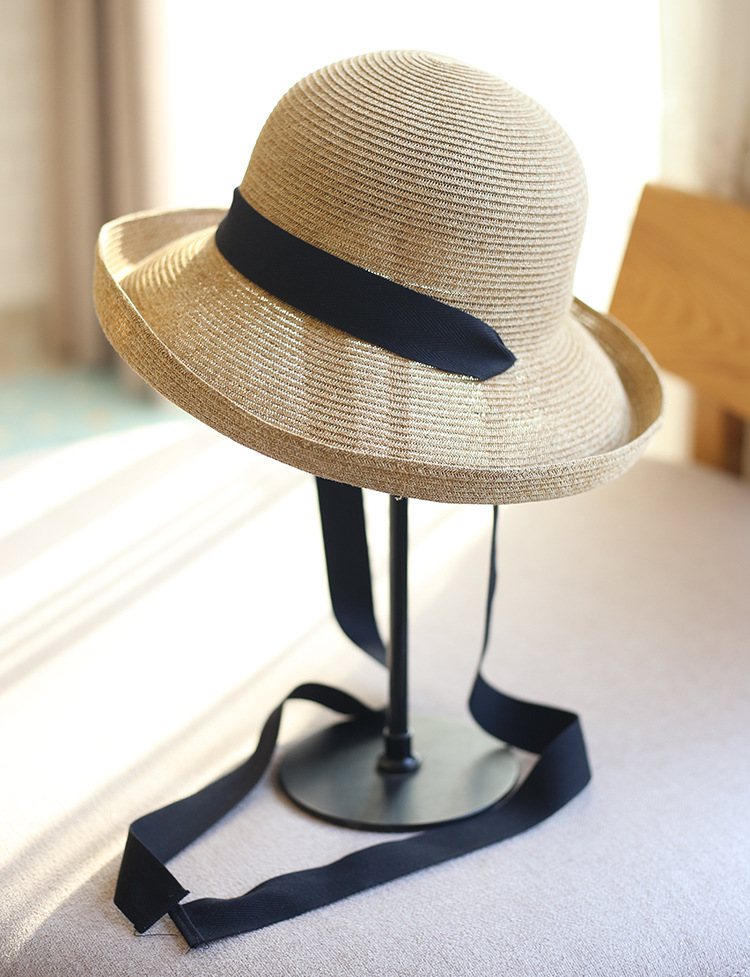 日本纸草卷边可折叠飘带丝带渔夫帽遮阳帽防晒沙滩帽女海边草帽详情3