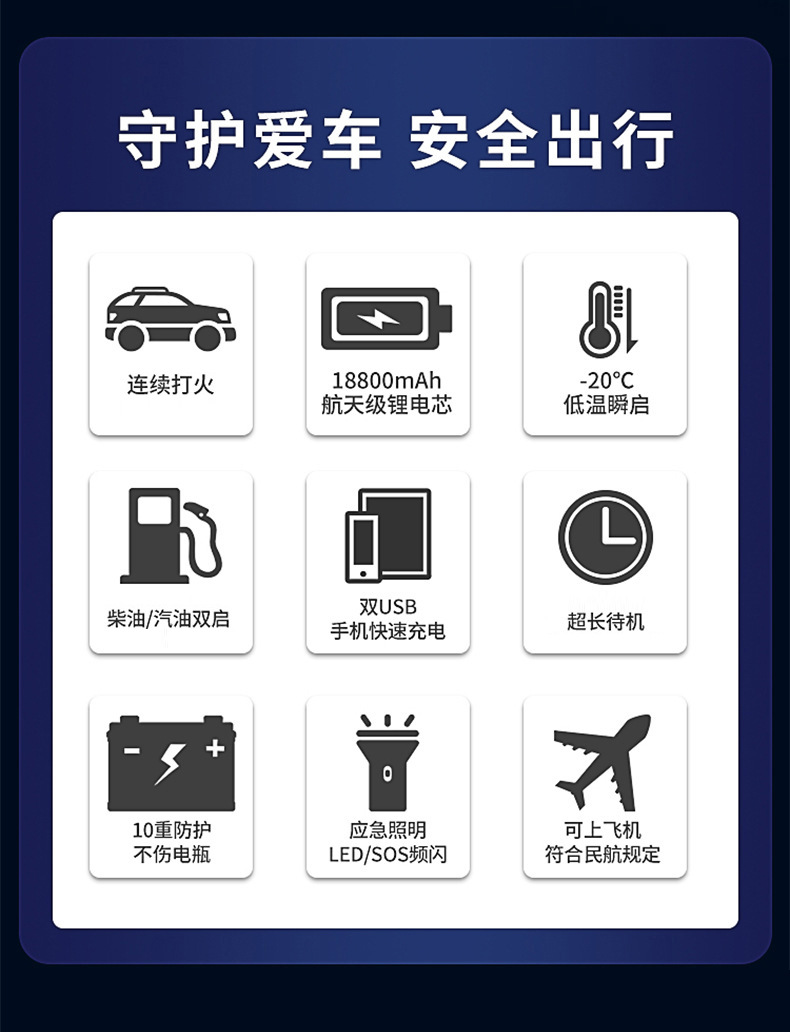 Car emergency start power supply, air pump, integrated jump-starting box, multi-functional portable battery charging and ignition starter pic 3