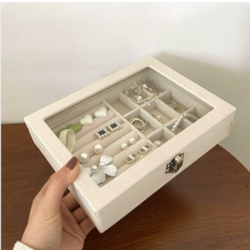 ins Dust-proof and window-opening jewelry box with cover, transparent velvet ring, necklace and earrings storage box pic 7