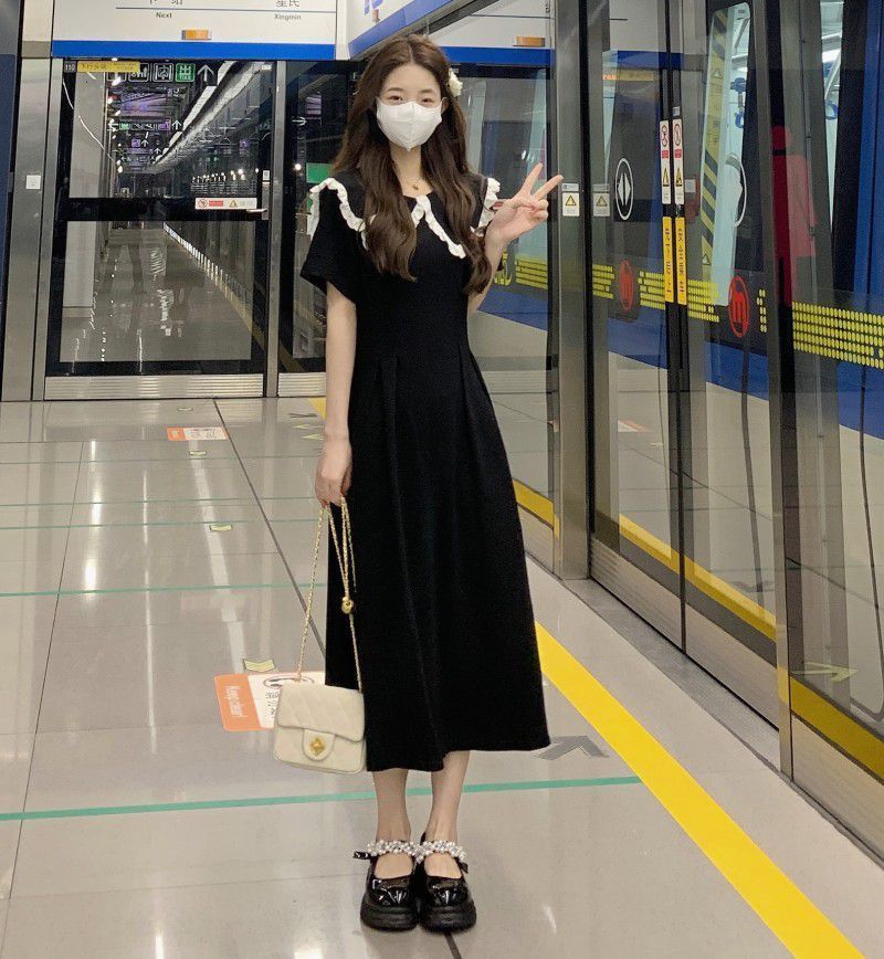法式减龄娃娃领连衣裙大码夏装胖妹妹显瘦遮肉赫本风气质黑色长裙详情7