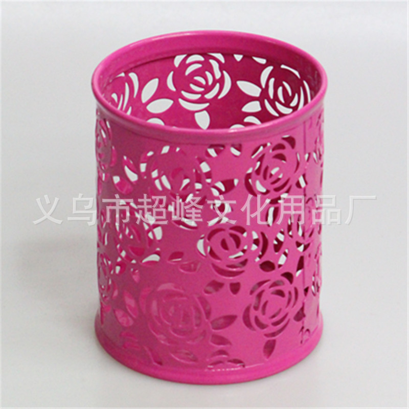 直口玫瑰花笔筒玫红