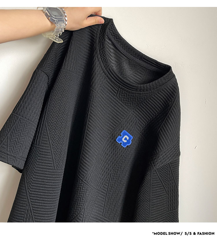 控48 夏港风重磅高克重圆领短袖华夫格男T恤休闲百搭小清晰详情12