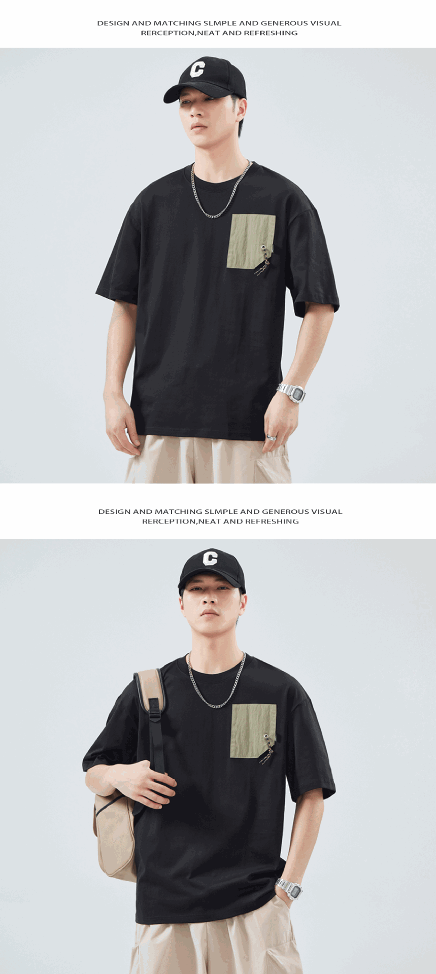 Japanese pure cotton patchwork pocket short-sleeved T-shirt for men, a summer heavyweight fashion brand, ins loose, casual and versatile T-shirt top pic 8