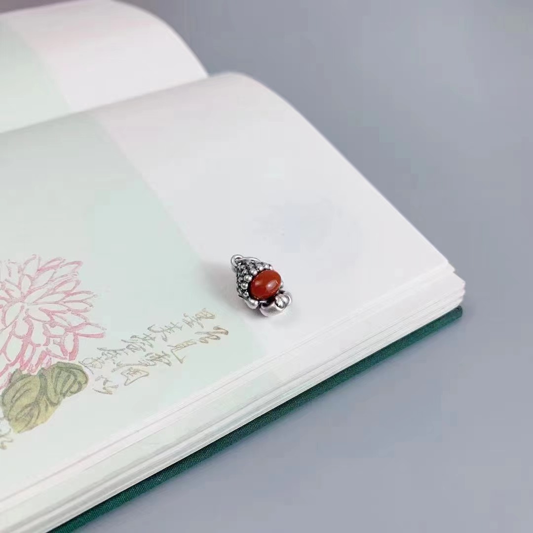 S99足银南红玛瑙小佛手工3D银配件diy手链项链穿手绳送黑皮绳详情10