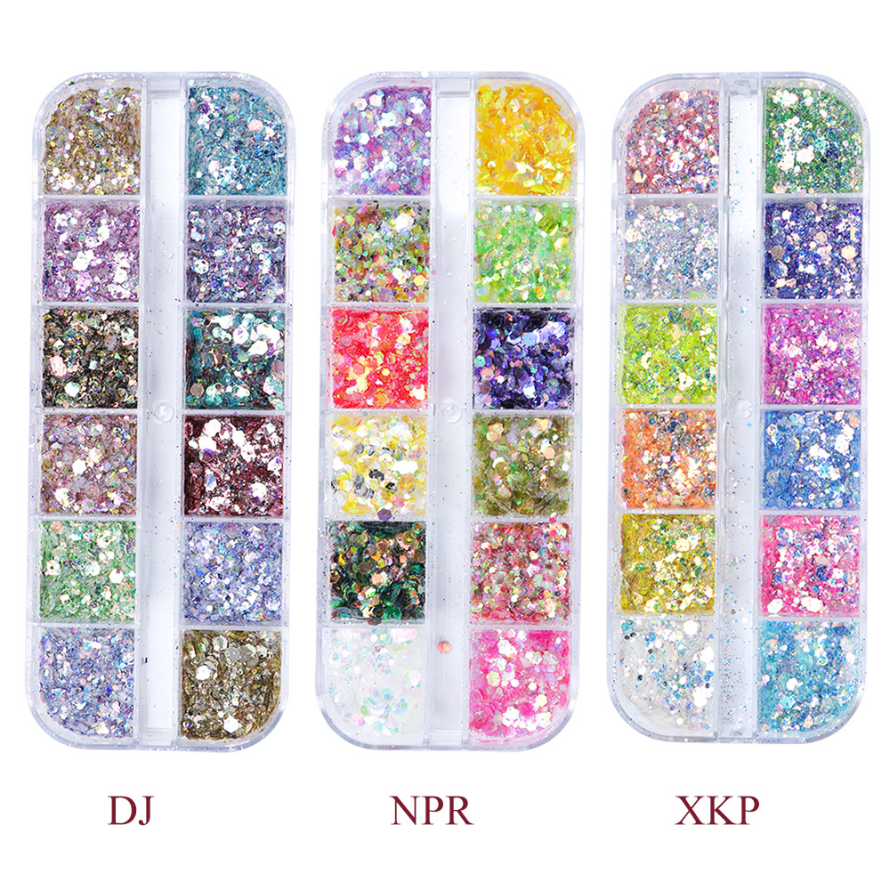 Nail polish glitter with 12 grids, iridescent glitter sheets, mermaid mixed pieces, and nail sequin decoration pic 1