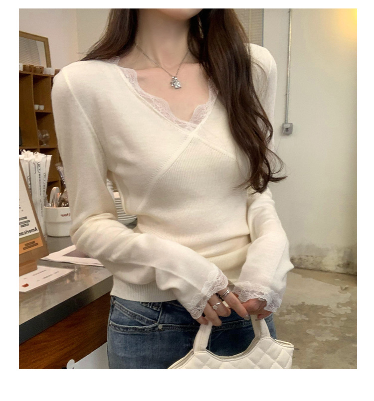 European lace patchwork, elegant long-sleeved wool knitted base layer, Korean-style autumn and winter stylish and unique top for women pic 12