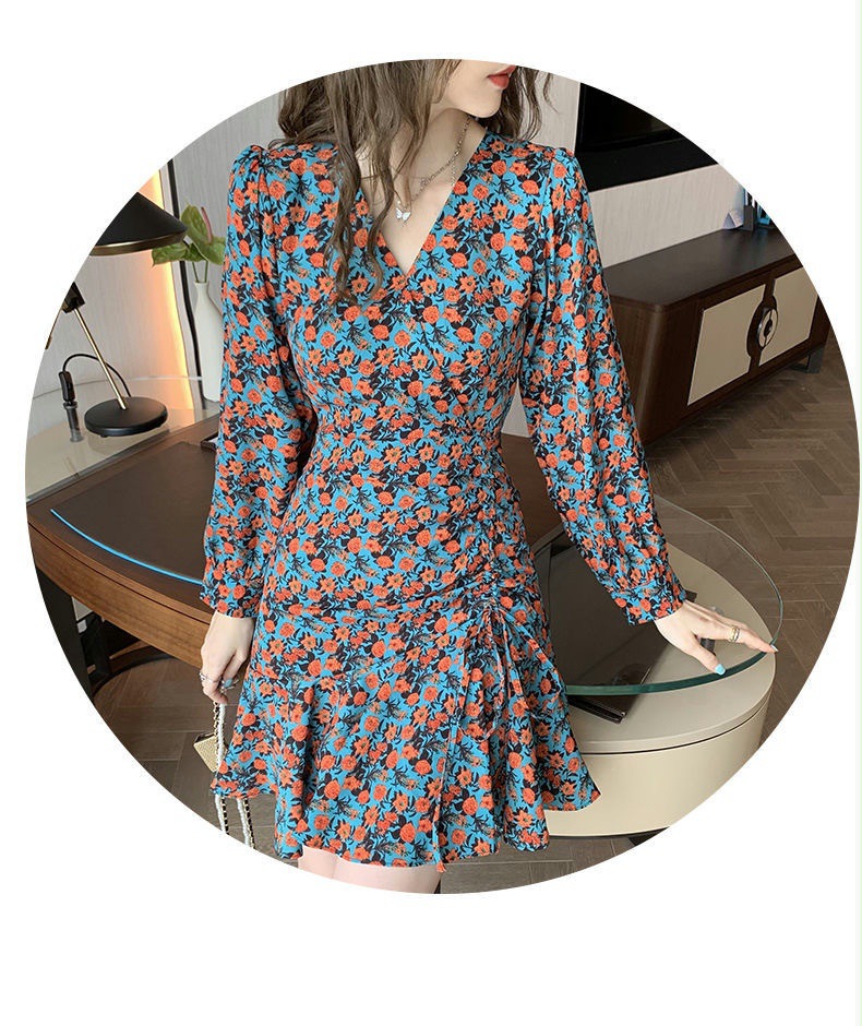法式碎花V领长袖连衣裙女秋装纯欲风修身性感包臀裙打底辣妹短裙详情20