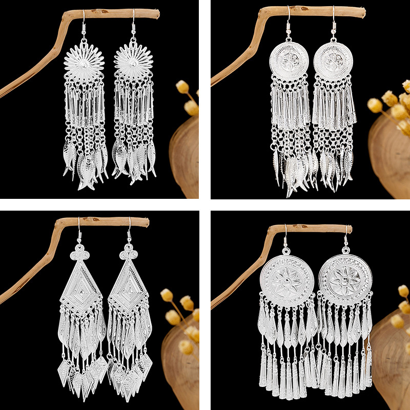 European and American Bohemian long tassel stud earrings, retro ethnic style Miao silver earrings, geometric round small fish earrings pic 4