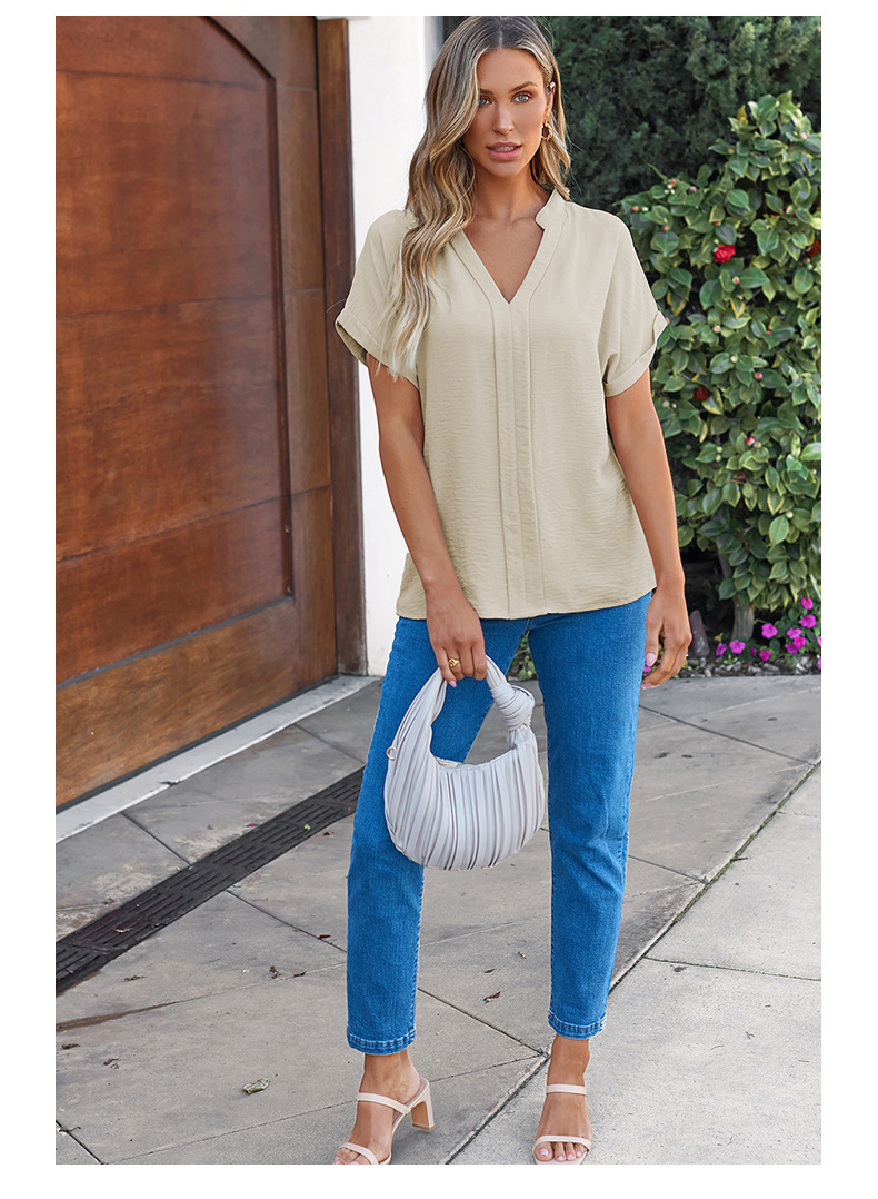 时颖夏季新款纯色V领短袖T恤女欧美时尚褶皱薄款透气套头衫女详情9