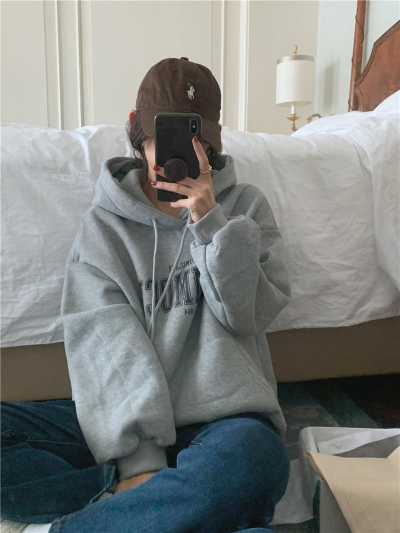 Letter-printed pullover with fleece hooded sweatshirt for women 2023 autumn/Winter new style Korean loose and versatile long-sleeved top pic 78