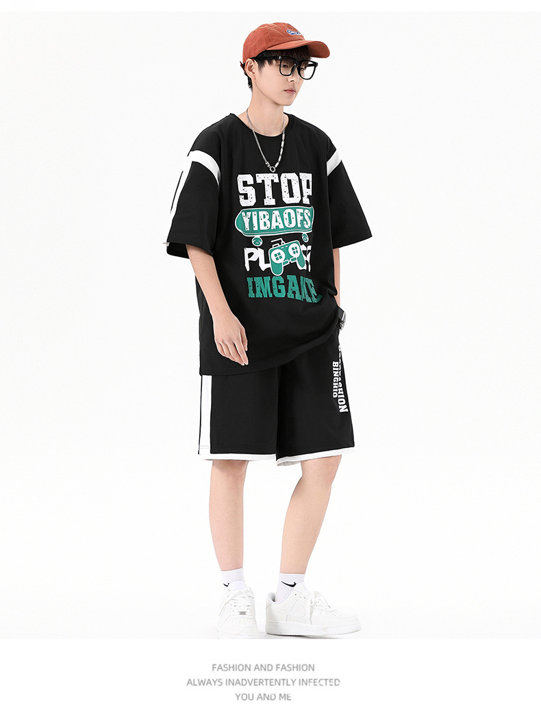 夏季薄款宽松短袖T恤套装批发青少年男初高中生潮流帅气两件套详情9