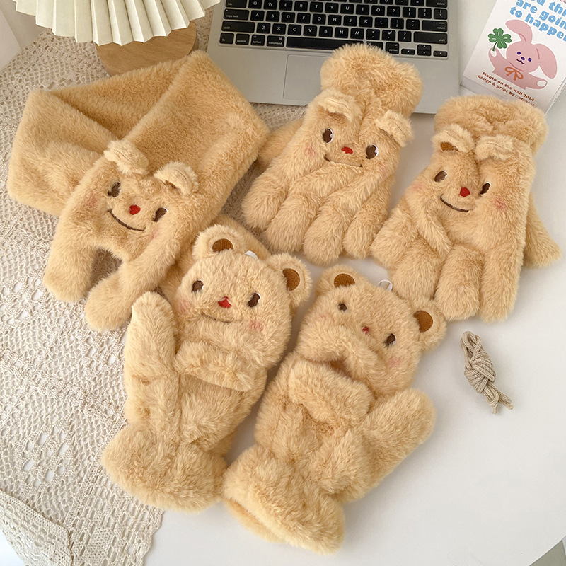 手套冬季女可爱卡通黄色小熊毛绒翻盖骑行学生保暖加绒加厚围巾详情12