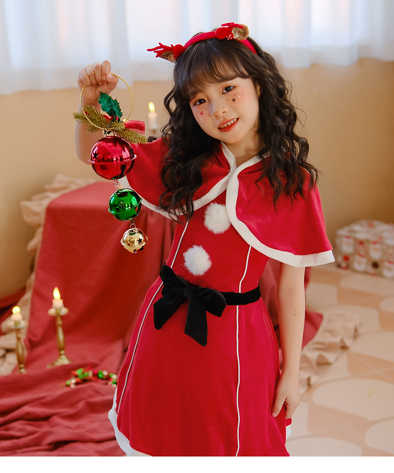 圣诞节儿童服装女童披肩斗篷连衣裙红色裙子派对装扮服饰圣诞老人详情14
