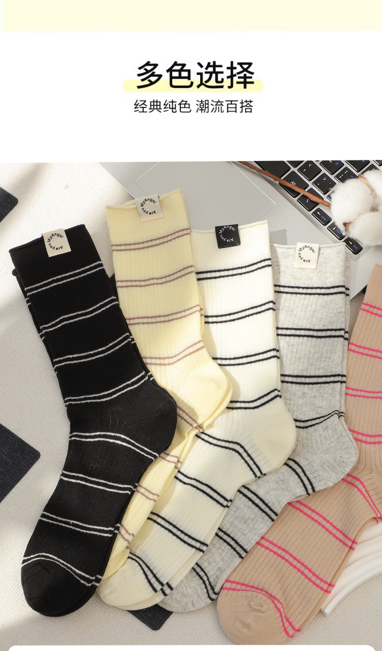 春夏季薄款堆堆中筒袜纯棉无骨布标女士潮运动防臭长袜条纹袜子女详情9