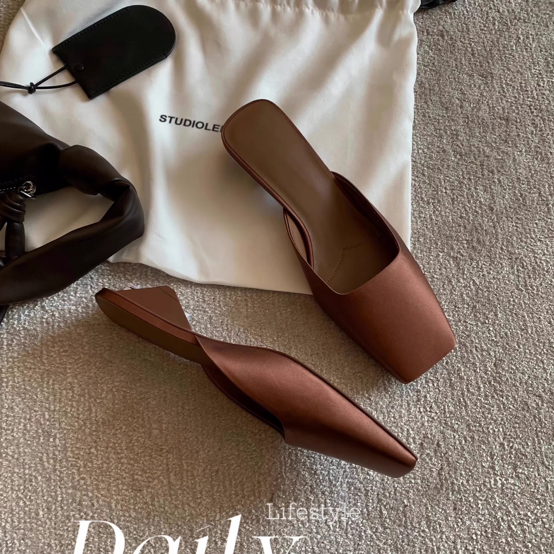 羊皮版~法式方头三角跟穆勒凉拖鞋女夏季真皮包头半拖鞋粗跟半托详情3