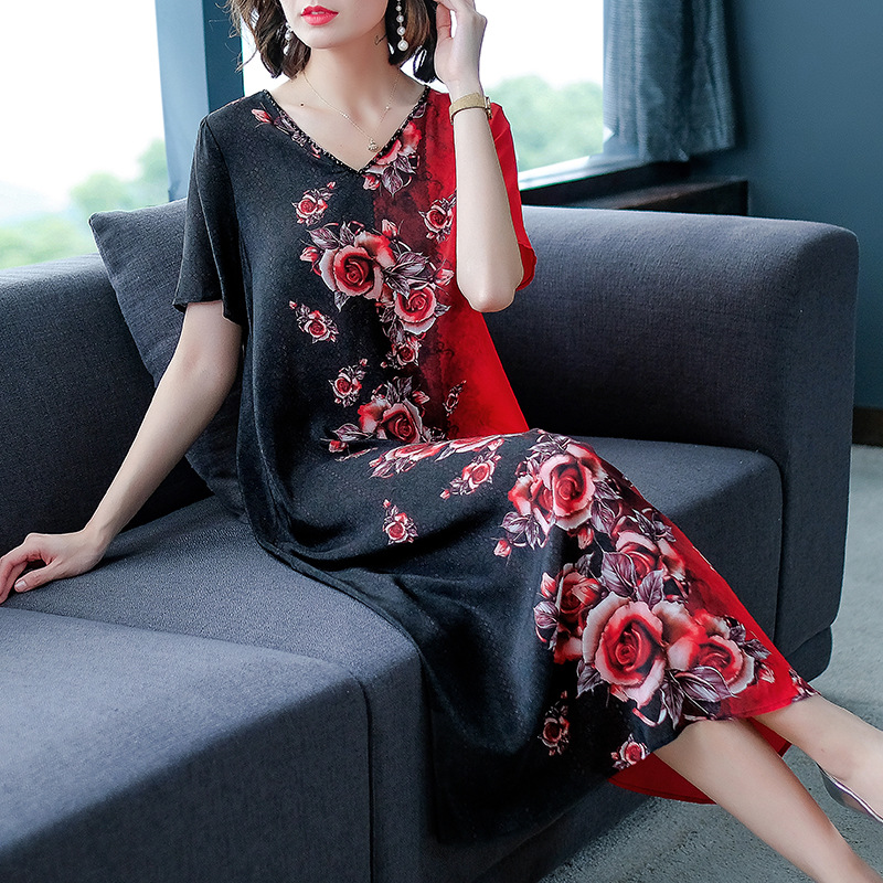 批发V领印花连衣裙女2021夏季新款阔太太大码遮肚桑蚕丝裙子潮详情18