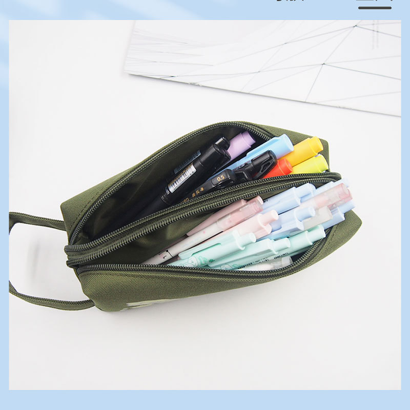 Creative double-layer large-capacity hand-held pen case, simple canvas double-zipper pencil case, stationery storage bag pic 8