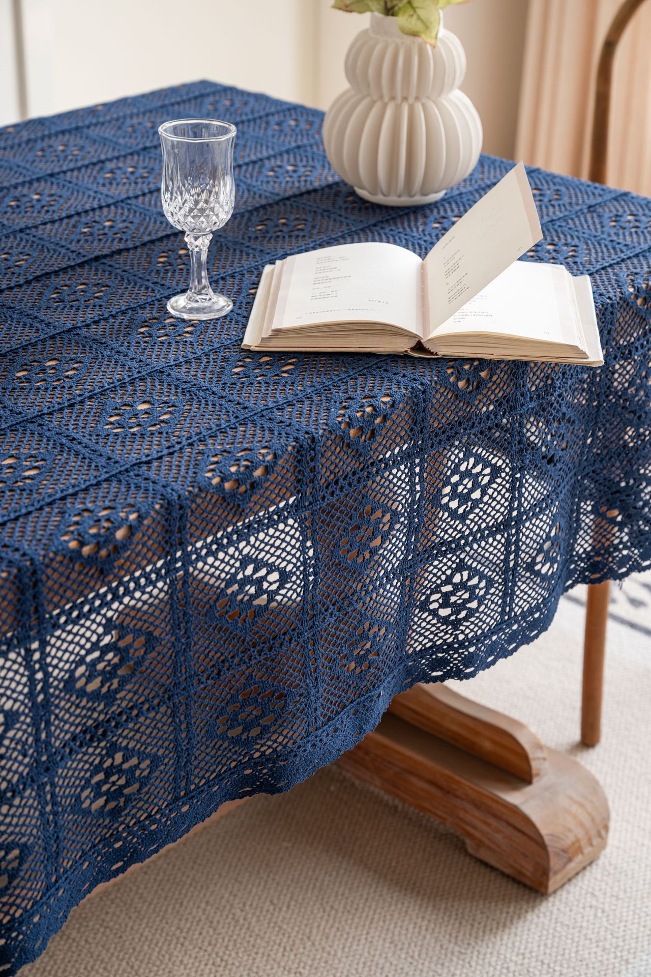 Cross-border hollowed-out hidden deep blue tablecloth, retro crochet photo art book, personalized cotton thread woven tablecloth cover pic 26