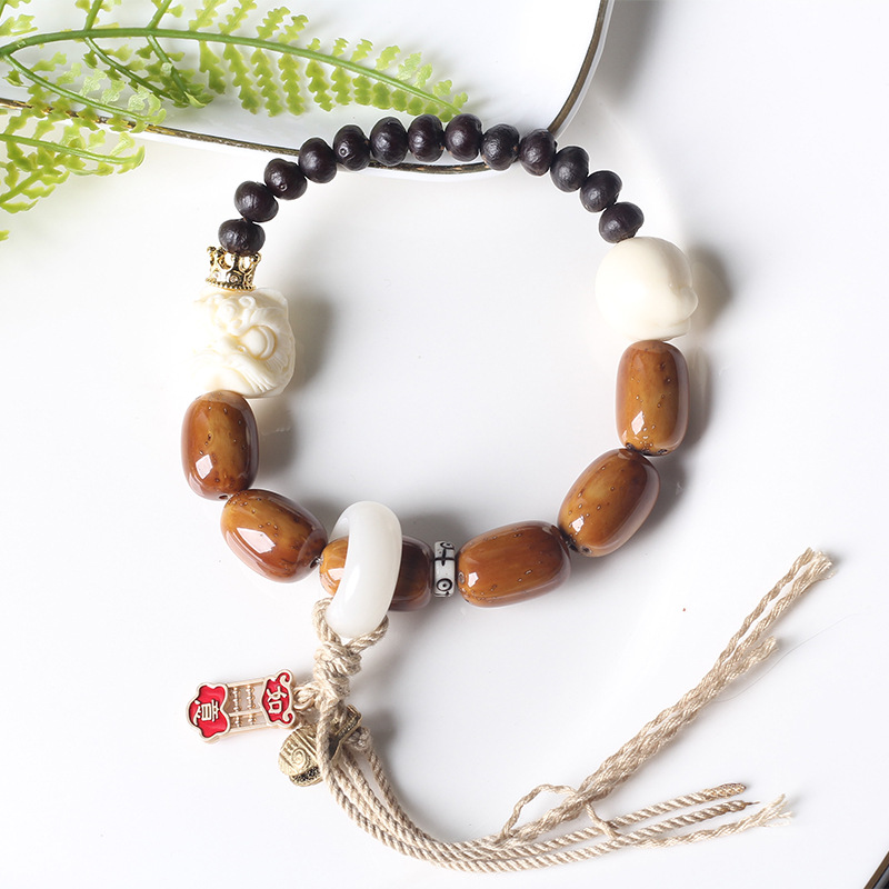 民族风白玉菩提跑环手串紫金鼠象牙果醒狮手链单圈文玩手饰品详情1