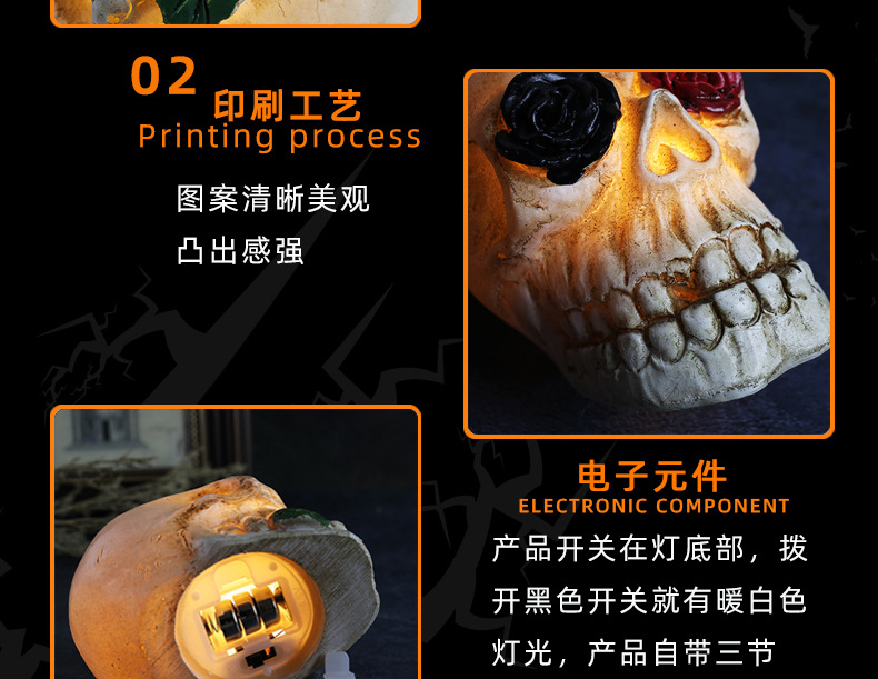 跨境新款万圣节发光树脂骷髅头LED恐怖骷髅装扮道具万圣节装饰品详情8