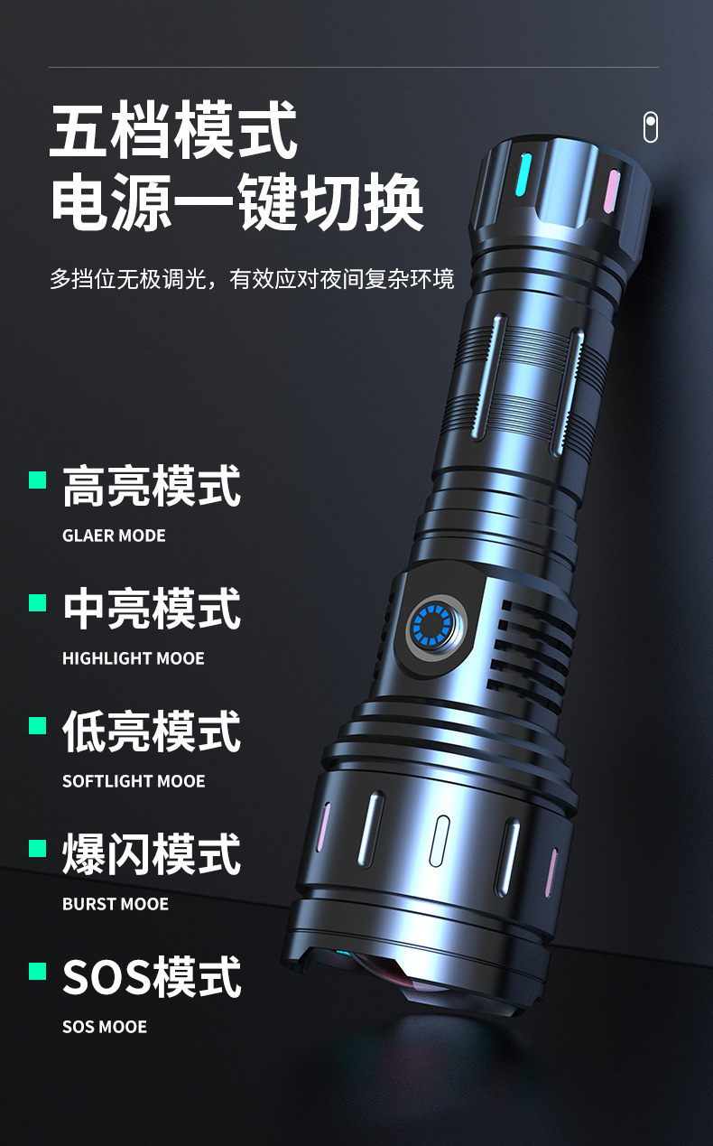 手电筒强光充电远射超亮家用防身户外便携小探照灯led变焦氙气灯详情11