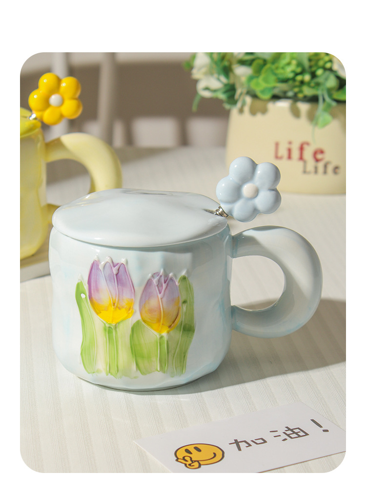 高颜值郁金香杯子ins风女生马克杯带盖勺情侣家用陶瓷水杯咖啡杯详情15