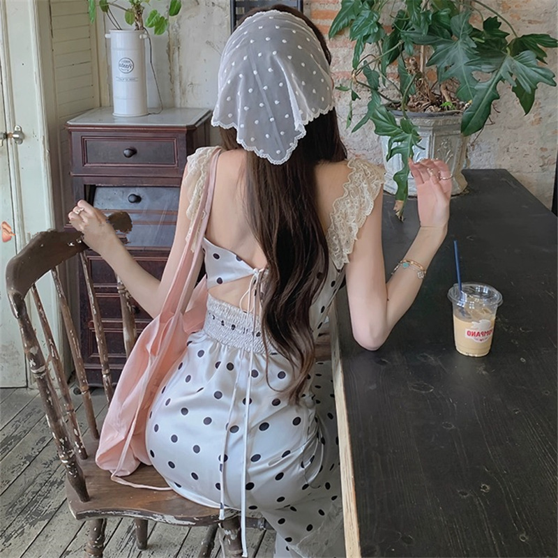 2024 New summer printed square-neck ruffled, slim and sexy polka dot lace backless long dress for women pic 8
