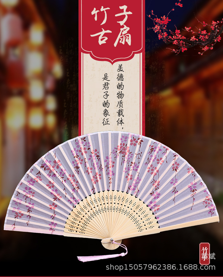 中国风礼品真丝竹扇子日式和风扇百合花系列 折扇批发舞蹈道具扇详情1