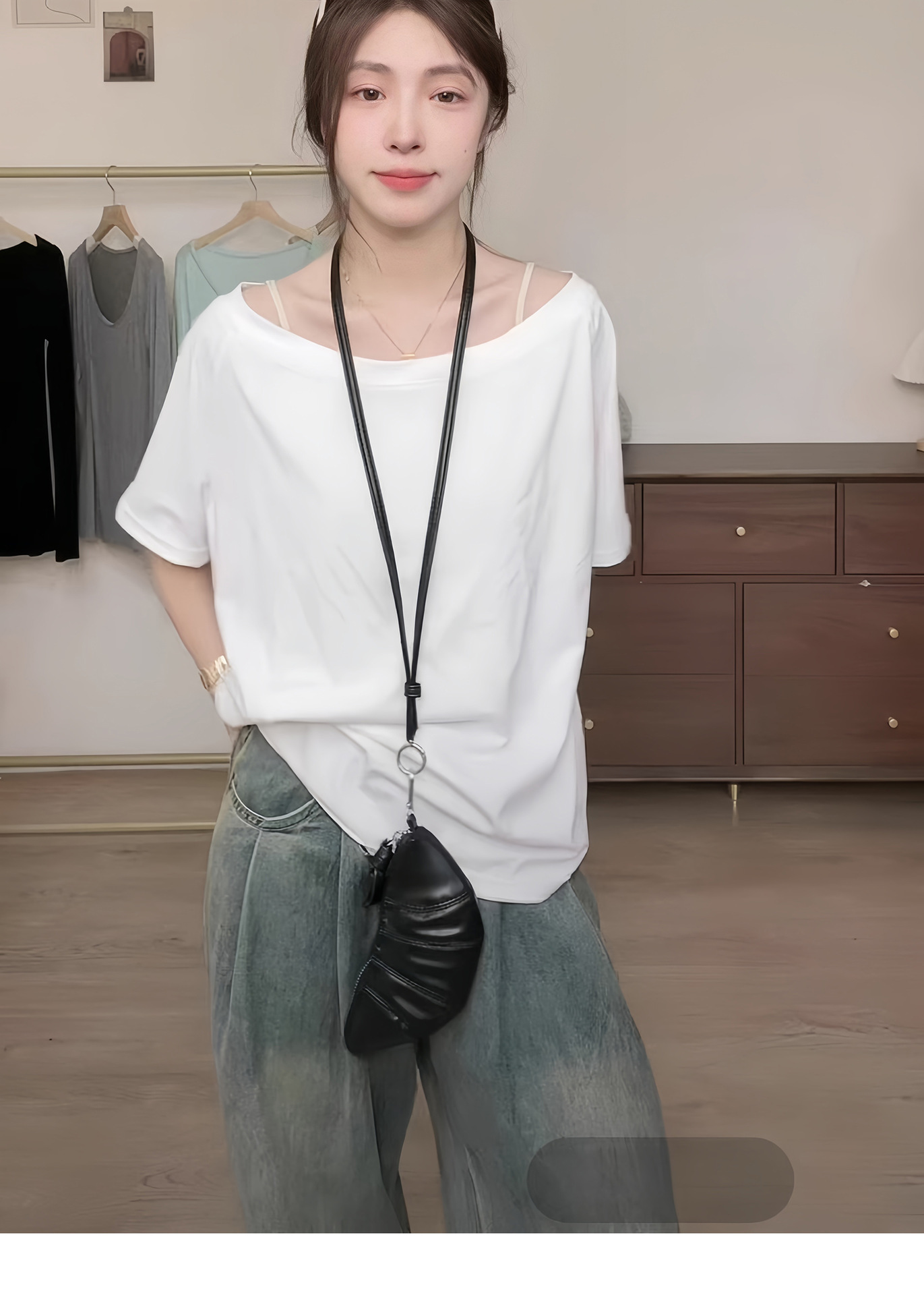 宽松一字肩显瘦上衣女夏季小心机斜领露肩短袖小众别致高级感T恤详情3
