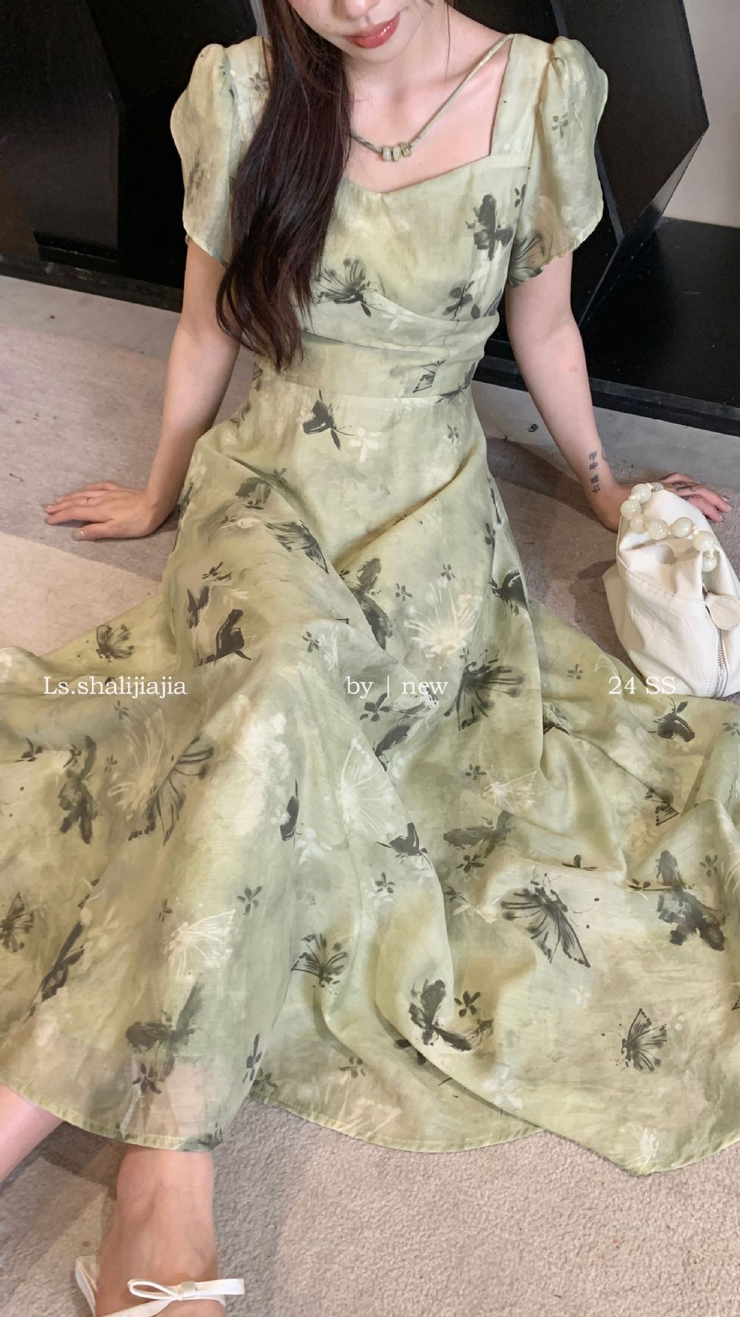 LS广州十三行春夏2024新品女装碎花度假优雅修身方领连衣裙51250#详情18