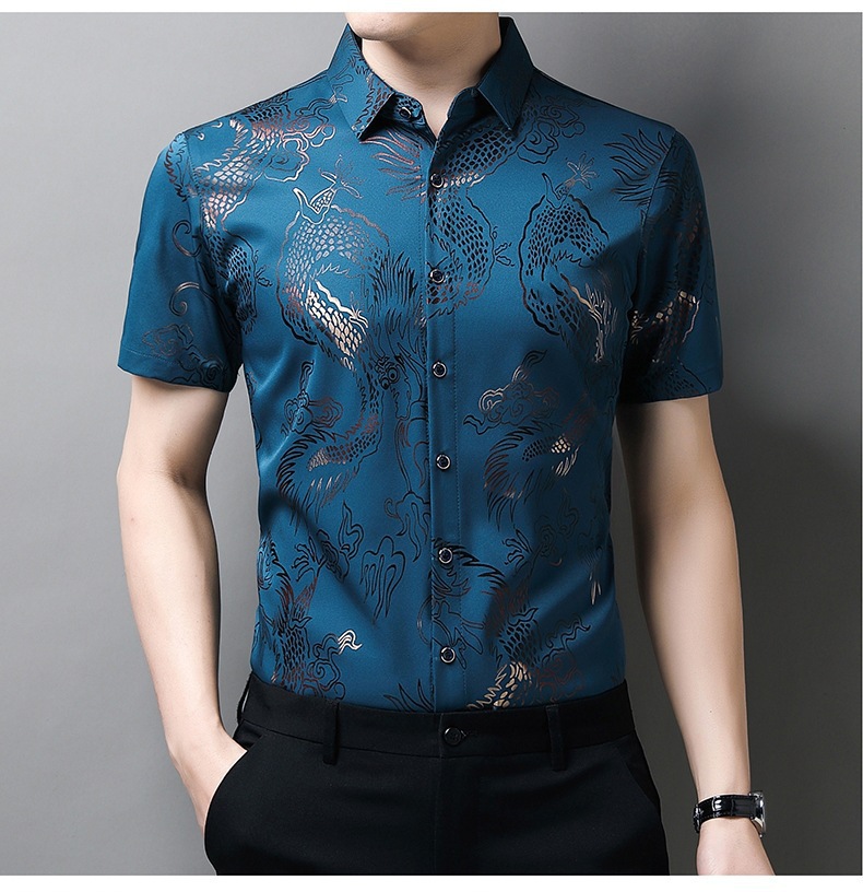 2024 verano de los hombres dragon print shirt fino estilo transpirable moda casual hielo seda fresca manga corta una pieza de reemplazo de cabello pic 15