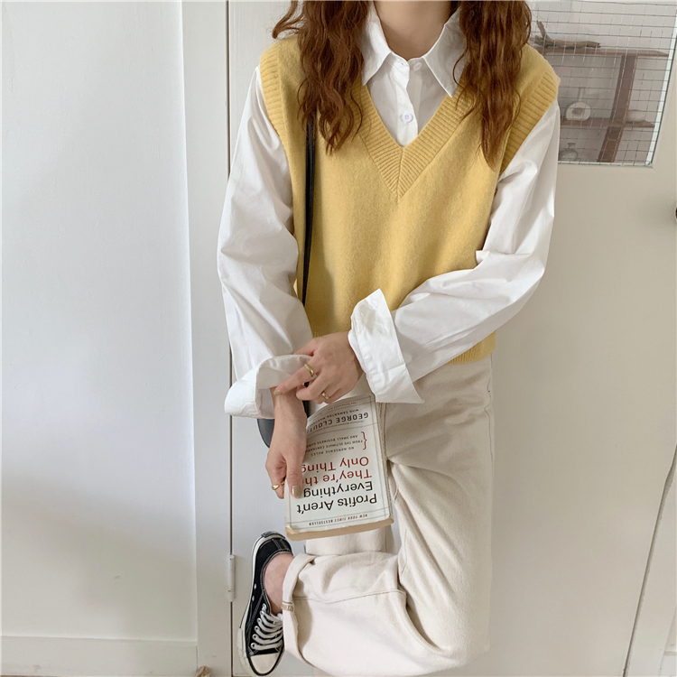 新款春秋女装洋气宽松显瘦V领毛衣外穿鹅黄色针织马甲背心详情32