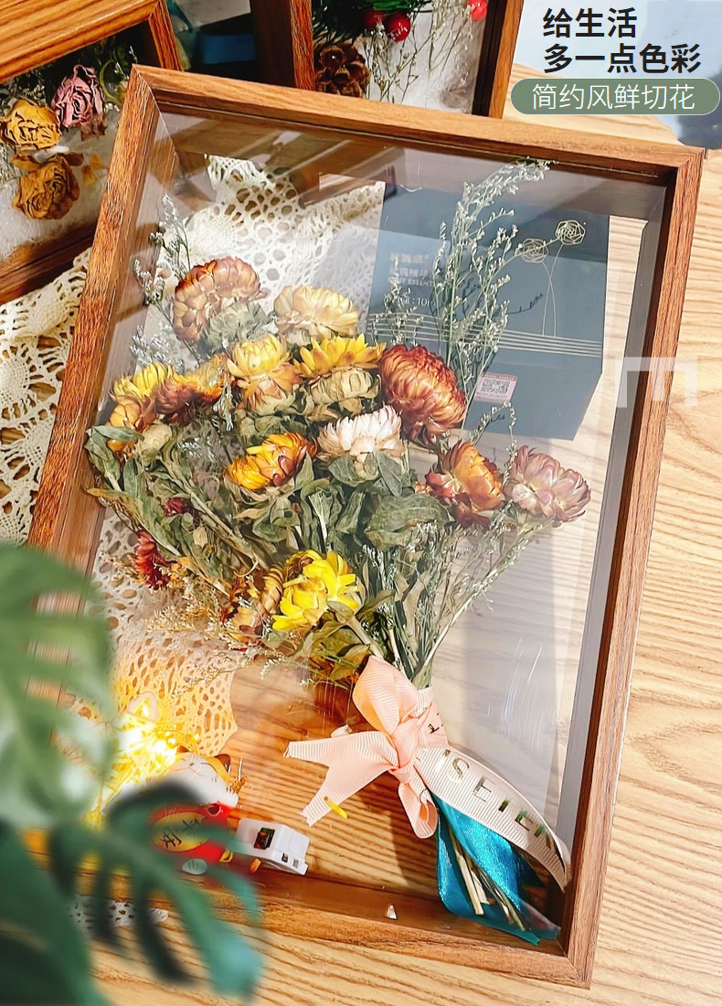 Wholesale of Nordic dried flower photo frames, handmade diy wooden hollow three-dimensional double-sided transparent acrylic long strip display pieces pic 2