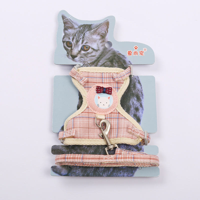 Wholesale of cartoon cute cat I-shaped chest and back straps, durable pet leashes, pure cotton webbing cat chains pic 12