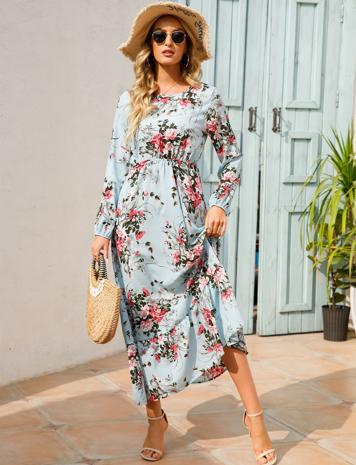 European and American floral long, round-neck, long-sleeved, waist-cinching and slimming dress pic 13