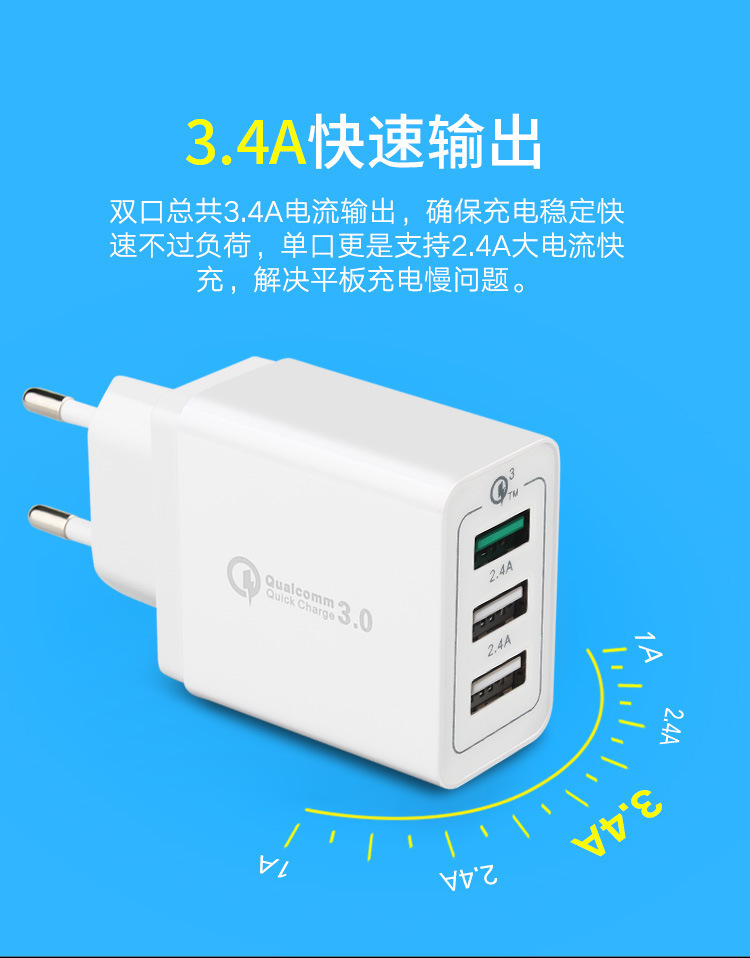 3USB mobile phone charger 30W mobile phone QC3.0 Type-c fast adapter for US, Europe, UK and Australia pic 1