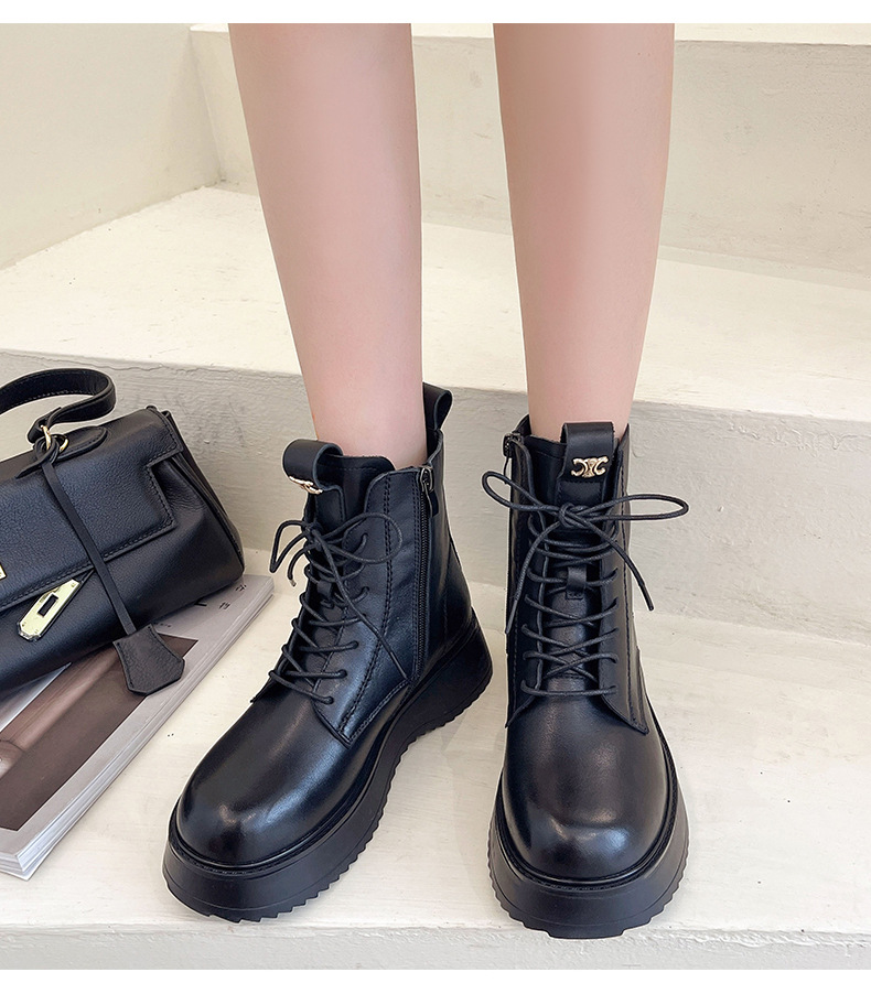 头层牛皮马丁靴女英伦风侧拉链真皮圆头厚底短靴一件代发黑色皮靴详情18